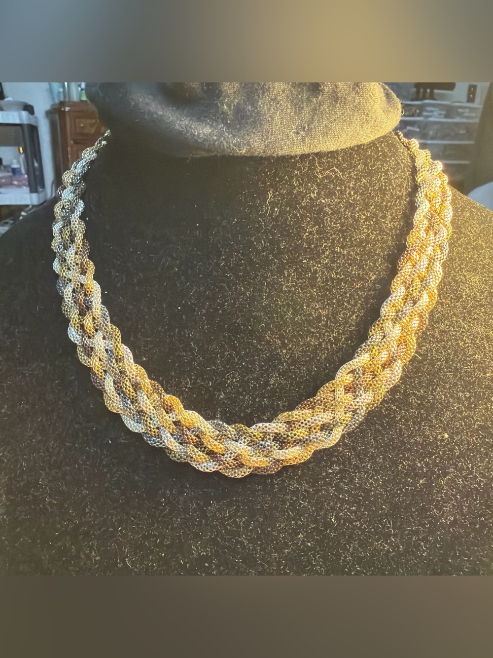 Bill Blass Vtg Rare Tri-Tone Braided Mesh Necklace - Gold, Silver, and Rose Gold